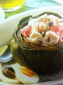 Artichokes stuffed with shrimp vegetable salad