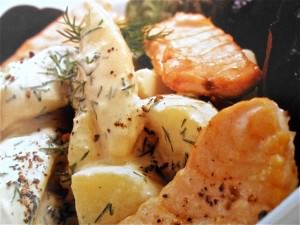 Crispy salmon with spring onion potato salad