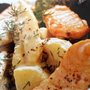 Crispy salmon with spring onion potato salad