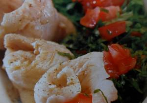 Poached perch fillets and tabouleh-style salad with quinoa